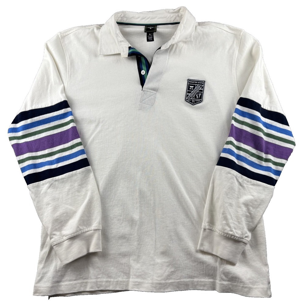 Houston White Rugby Shirt Mens Large White Striped Cotton Embroidered Logo Golf